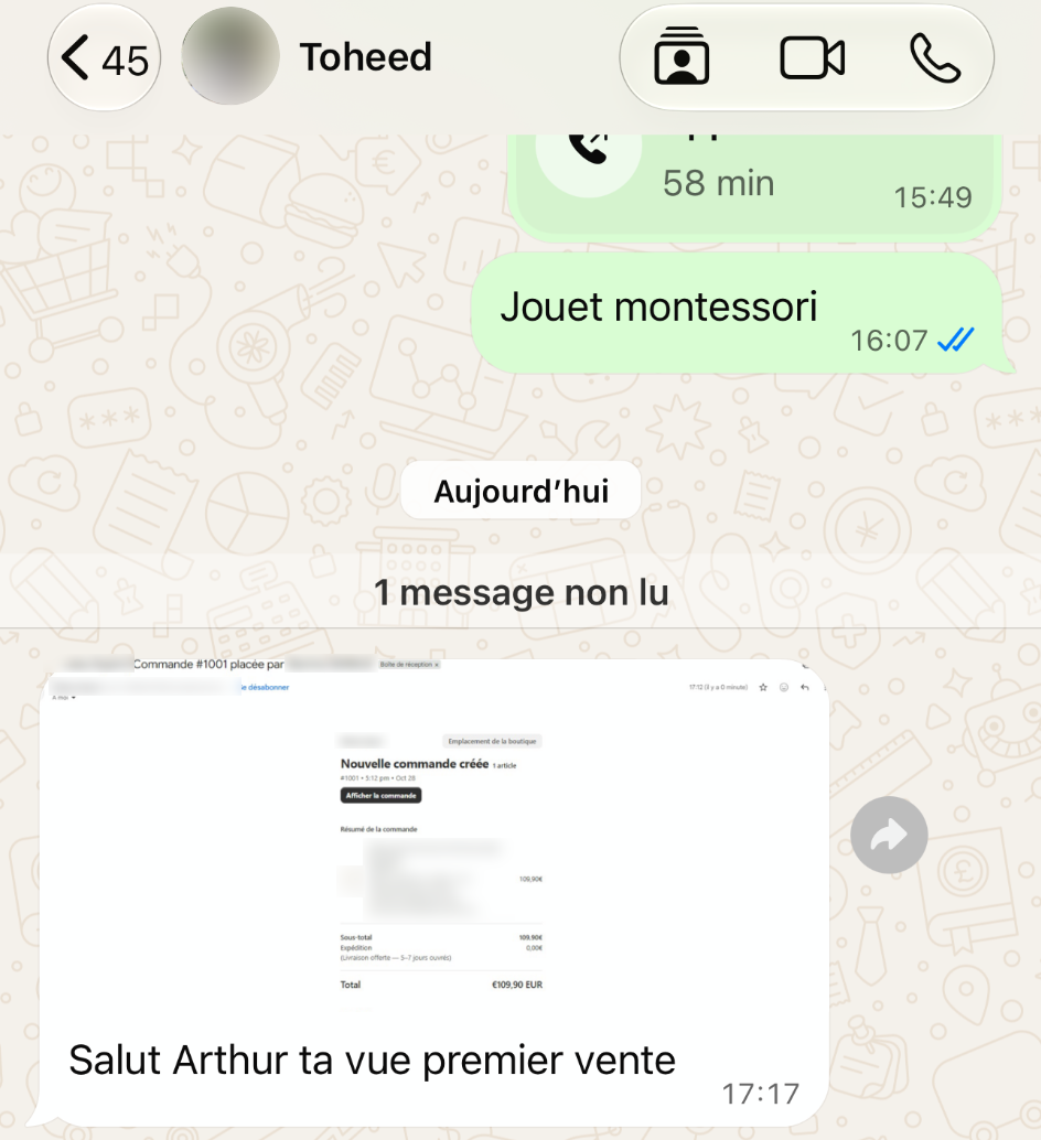 Capture originale du message WhatsApp de Toheed annonçant sa première vente, avec une commande de 109,90 €
